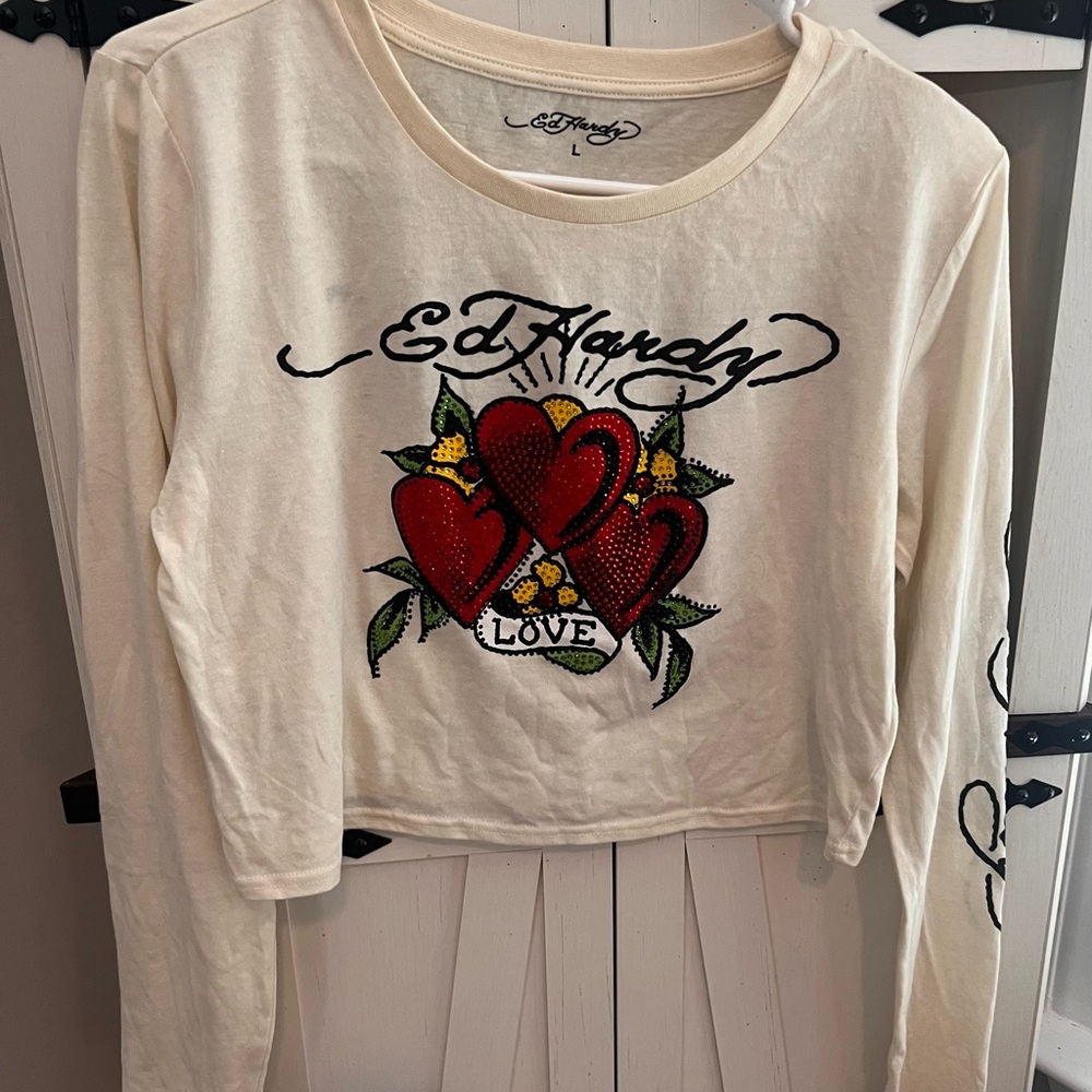 Ed Hardy Cream Blinged out crop